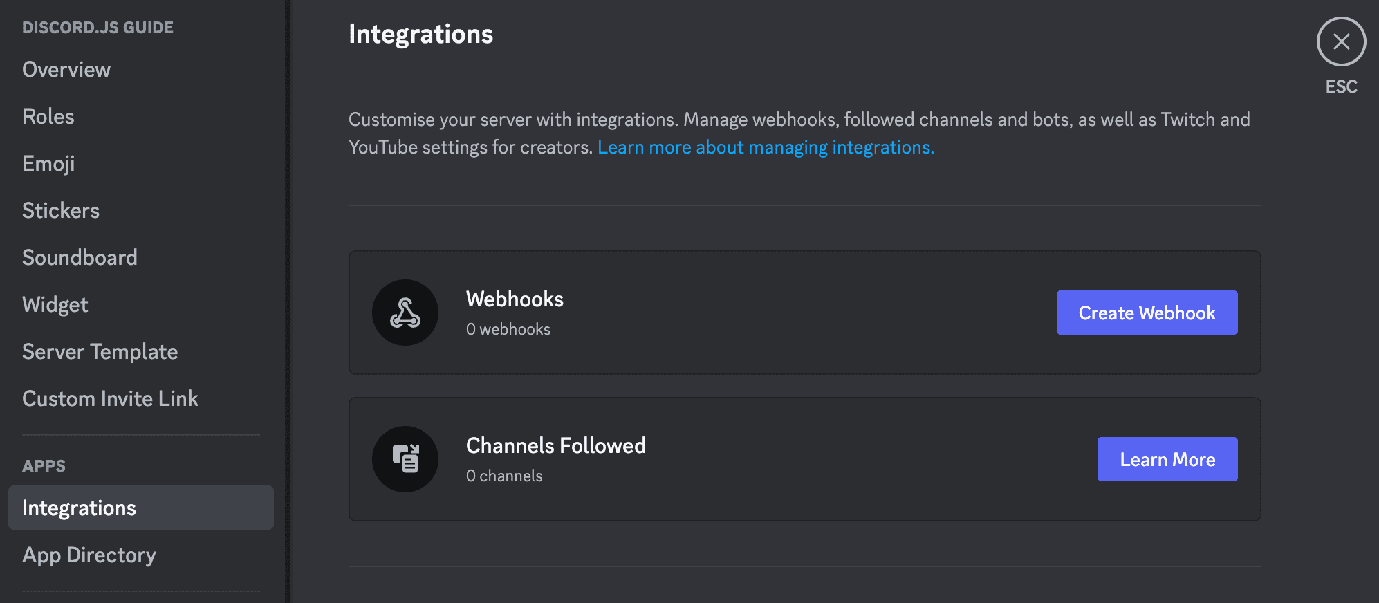 Integrations tab